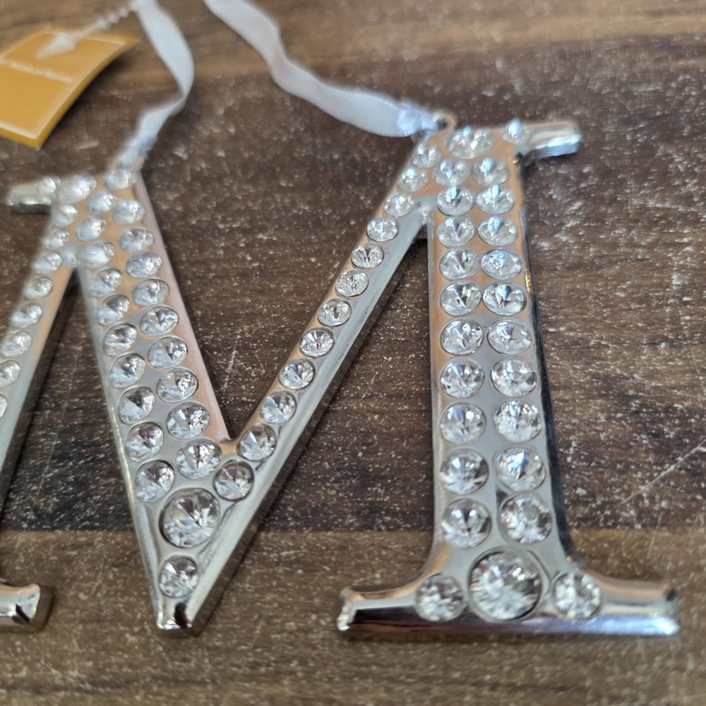 St Nicholas Square Silver Rhinestone Letter "M" Christmas Ornament Decoration - Picture 3 of 7